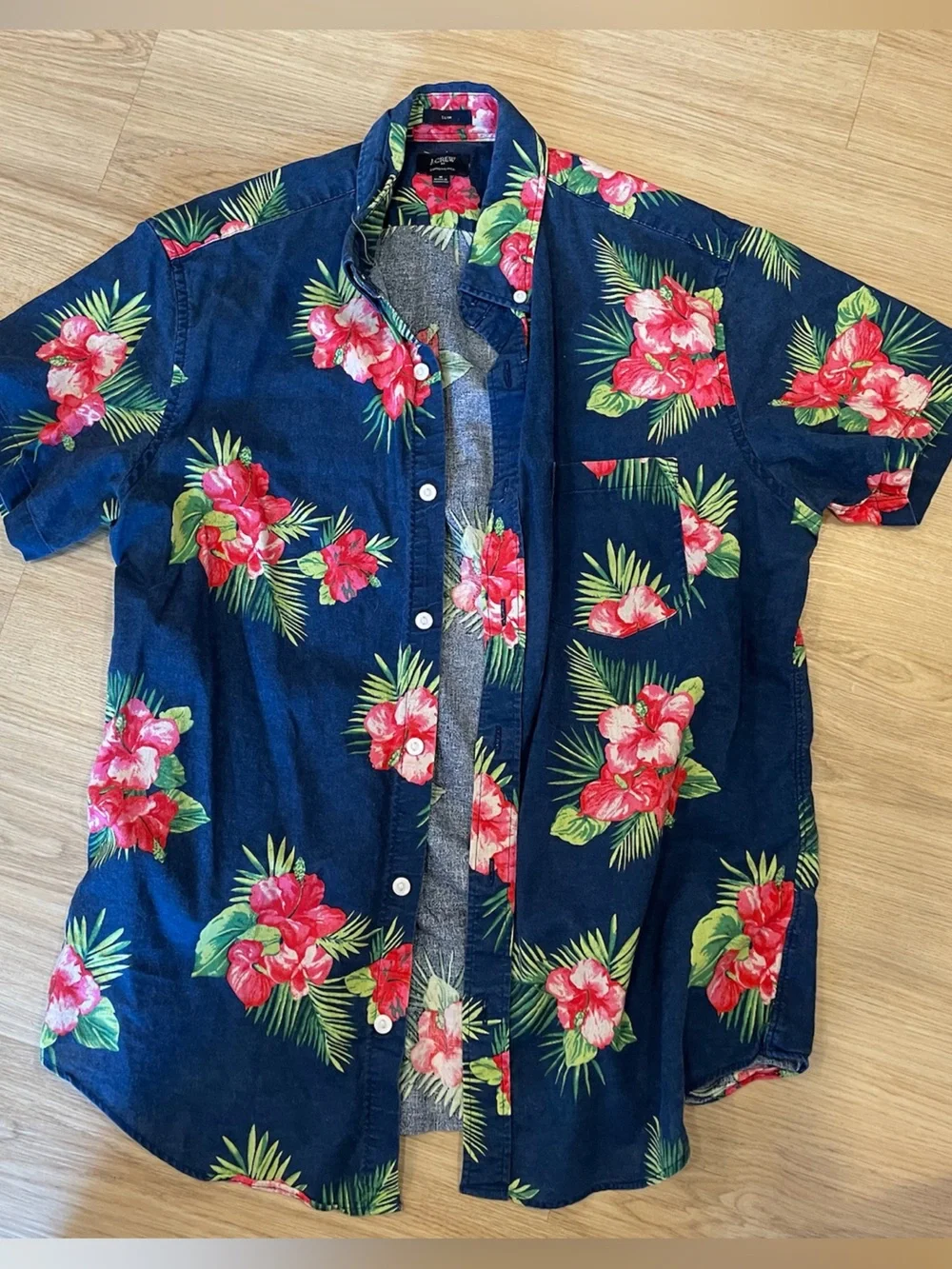 J. Crew Navy Floral Linen-Cotton Camp Shirt with Pink-Red Hibiscus